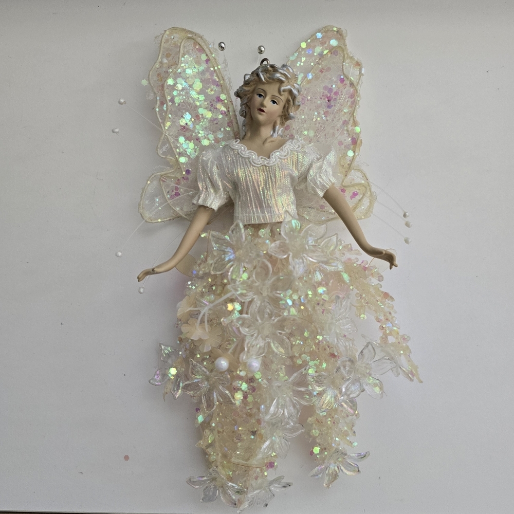 Vintage Iridescent Fairy Angel Christmas Ornament – Glitter Wings Floral Dress - Picture 2 of 3